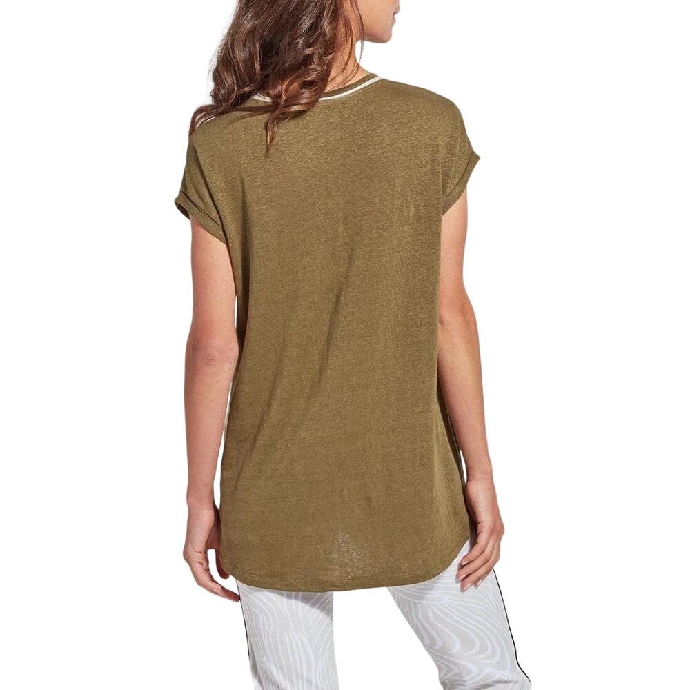 Lysse Olive Green Linen Blend Relaxed Casual Coastal Breathable Hi Low Tunic Tee - Picture 2 of 10